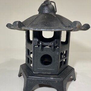 Japanese Cast Iron Garden Lantern 9" Tall, Rustic Candle Holder Decor
